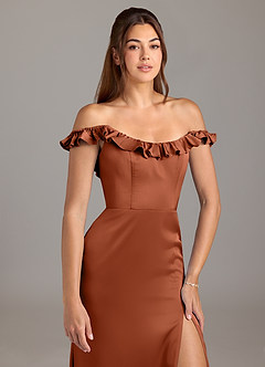 Azazie Callie Bridesmaid Dresses Cedar Rose A-Line Ruched Stretch Satin Convertible Dress image8