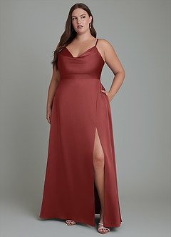 Azazie Sarella Robes de demoiselle d'honneur Robe Trapèze en Satin extensible Plissé Terracotta image10