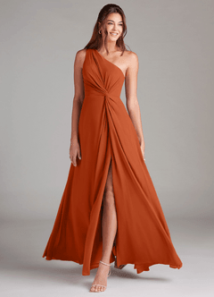 Azazie Brooke Vestidos de damas de honor Vestido de Naranja Quemada de Gasa de Corte en A con Hombro unilateral image3