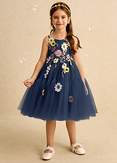 Azazie Osea Flower Girl Dresses Dark Navy Ball-Gown Pleated Tulle Dress image1