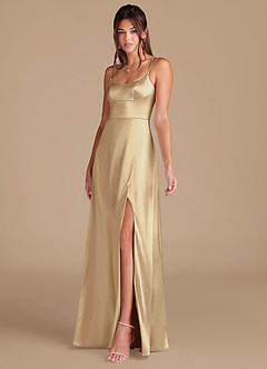Azazie Halsey Bridesmaid Dresses Champagne A-Line Side Slit Metallic Satin Dress image4