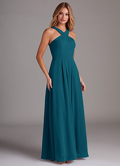 Azazie Dixie Bridesmaid Dresses Ink Blue A-Line Halter Pleated Chiffon Dress image4