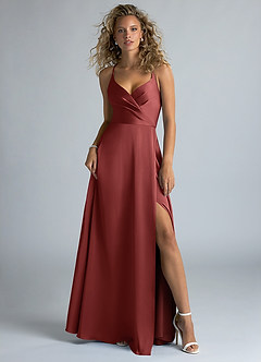 Azazie Davis Robes de demoiselle d'honneur Robe Trapèze en Satin extensible Plissé Terracotta image2