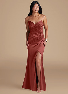 Azazie Yola Bridesmaid Dresses Terracotta Sheath Pleated Metallic Satin Dress image6