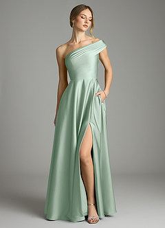 Azazie Melanie 신부 들러리 드레스 A라인 오프 더 숄더 스트레치 새틴 바닥 길이 드레스 image1