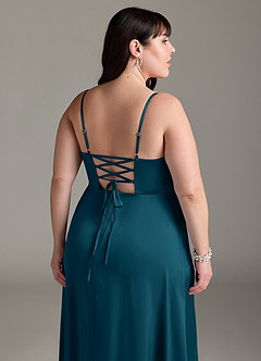 Azazie Marchella Robes de demoiselle d'honneur Robe Trapèze en Satin extensible Corset Bleu Encre image12