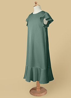 Azazie Sweet Pea Flower Girl Dresses Eucalyptus A-Line Ruched Stretch Satin Dress image7