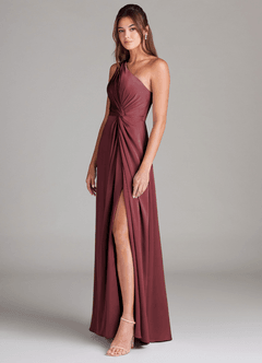 Azazie Brooke Robes de demoiselle d'honneur Robe Trapèze en Satin extensible Ue épaule Merlot image4