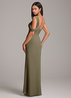 Azazie Wynter At-home Try On Dresses Dusty Blue Sheath Off the Shoulder Chiffon Dress image5