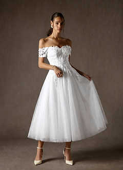 Azazie Rowe At-home Try On Dresses Diamond White A-Line Off the Shoulder Lace Dress image3