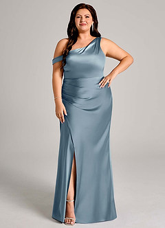 Azazie Madelyn Bridesmaid Dresses Dusty Blue Mermaid One Shoulder Stretch Satin Convertible Dress image9