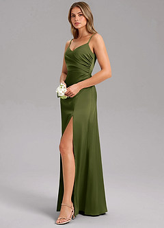 Azazie Azuree Robes de demoiselle d'honneur Robe Trapèze en Satin extensible Plissé Olive Vif image4