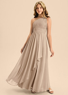 Azazie Skye Junior Taupe A-Line Pleated Chiffon Dress image1