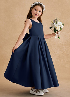 Azazie Honey Bear Blumenmädchenkleider A-Linie Plissee Matte Satin Kleid Dunkelmarine image5