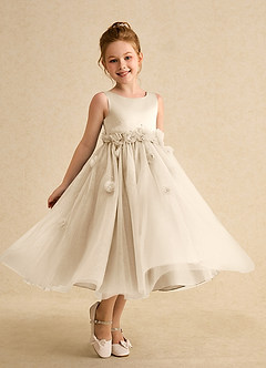 Azazie Lux Flower Girl Dresses Champagne A-Line Beaded Tulle Dress image1
