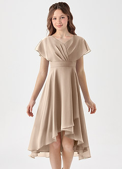 Azazie Graciela Junior Taupe A-Line Pleated Chiffon Dress image3