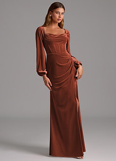 Azazie Charissa Bridesmaid Dresses Terracotta Sheath Long Sleeve Velvet Dress image3