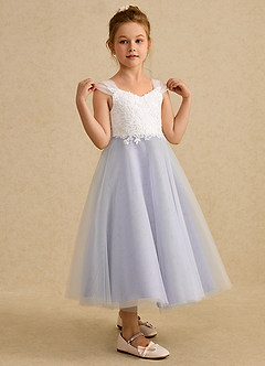 Azazie Momo Flower Girl Dresses Ivory Lilac A-Line Lace Dress image5