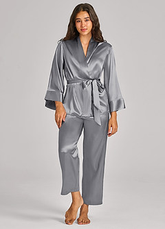 front Matching Color Satin Wrap Front Belted PJ Set