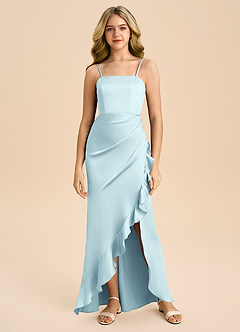 Azazie Buzzy Junior Cloud Blue Sheath Pleated Stretch Satin Dress image3