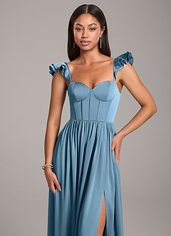 Azazie Denisse Bridesmaid Dresses Steel Blue A-Line Ruched Stretch Satin Dress image6