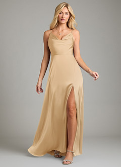 Azazie Sarella Vestidos de damas de honor Vestido de Oro de Satén Elástico de Corte en A con Plisado image6