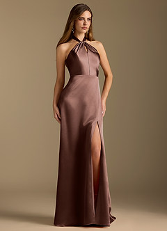 Azazie Tracie Bridesmaid Dresses Espresso A-Line Pleated Metallic Satin Dress image5