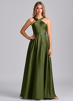 Azazie Dixie Robes de demoiselle d'honneur Robe Trapèze en Satin extensible Plissée Olive image3