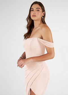 Azazie Kit Bridesmaid Dresses Blushing Pink Mermaid Off the Shoulder Mesh Dress image5