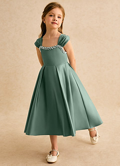 Azazie Yosemite Jurken voor bloemenmeisjes Baljurk Jurk van Mat Satijn Sweetheart Halslijn Eucalyptus image6