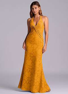 Azazie Valerie Abiti da Damigella Abito Sirena in Burnout Floreale Plissettato Caramello image3