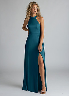 Azazie Clarice Bridesmaid Dresses Ink Blue A-Line High Neck Stretch Satin Dress image5