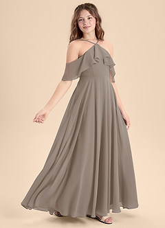 Azazie Tessabelle Junior Abito A-Line in Chiffon a Spalla Scoperta Taupe image3