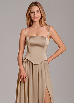 Azazie Cadence Bridesmaid Dresses Taupe A-Line Corset Stretch Satin Convertible Dress image2