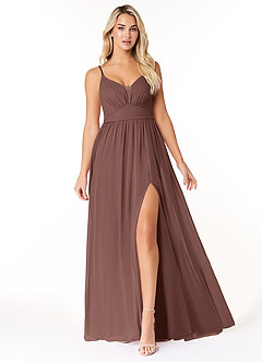 Azazie Rayna Bridesmaid Dresses Espresso A-Line V-Neck Pleated Chiffon Dress image1