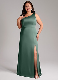 Azazie Phaedra Bridesmaid Dresses Eucalyptus A-Line One Shoulder Stretch Satin Dress image8