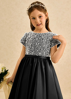 Azazie Cashew Flower Girl Dresses Black Ball-Gown with Sleeves Matte Satin Dress image6