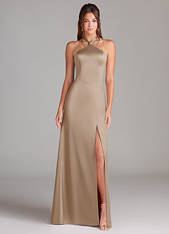 Azazie Elliana Robes de demoiselle d'honneur Robe Fourreau en Satin extensible Fente Latérale Taupe image5