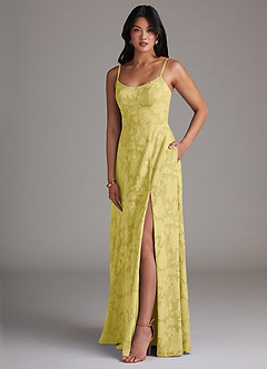 Azazie Moira Jurken voor bruidsmeisjes Jurk van Bloemen Burn-out met A-Lijn Zijsplit Kanarie image3