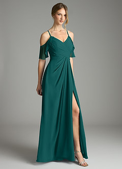 Azazie Dakota Bridesmaid Dresses Peacock A-Line V-Neck Pleated Chiffon Dress image5