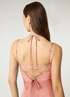 Azazie Desi Bridesmaid Dresses Coral Sheath Halter Corset Stretch Satin Dress image2