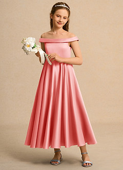 Azazie Teeny Junior Formal vestidos de niña de las flores Vestido de Coral de Satin Mate de Corte en A con Plisado image4