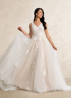 Azazie Alemia Wedding Dresses Diamond White Nude A-Line Lace Tulle Dress image3