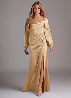 Azazie Charissa Bridesmaid Dresses Champagne Sheath Long Sleeve Stretch Satin Dress image1