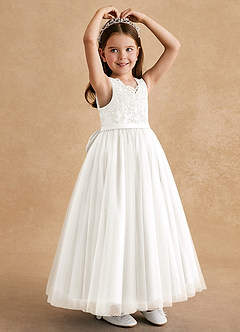 Azazie Cinna Flower Girl Dresses Ivory A-Line Lace Tulle Dress image3