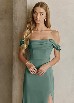 Azazie Saige Bridesmaid Dresses Eucalyptus Sheath Off the Shoulder Stretch Satin Dress image2