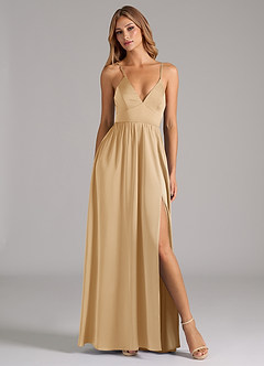 Azazie Aaida Bridesmaid Dresses Gold A-Line Corset Stretch Satin Dress image5