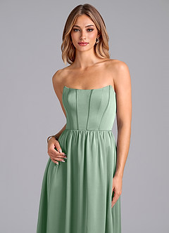 Azazie Leilana Bridesmaid Dresses Agave A-Line Corset Stretch Satin Dress image6