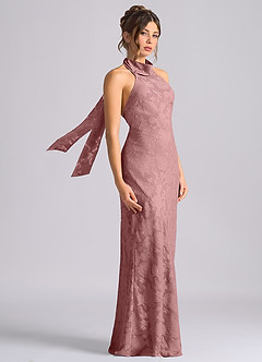 Azazie Velli Vestidos de damas de honor Vestido de Rosa Polvorienta de Devorado Floral de Corte Sirena con Cuello Alto image4