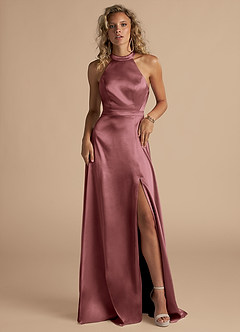 Azazie Clarice Bridesmaid Dresses Vintage Mauve A-Line High Neck Metallic Satin Dress image4
